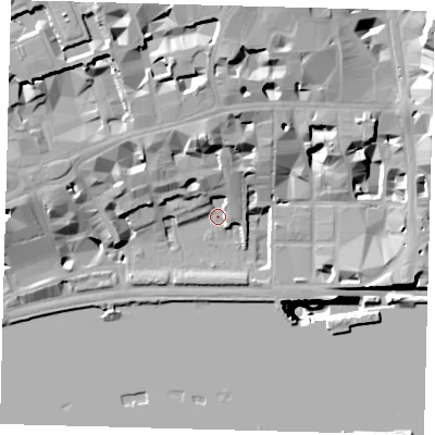 Shaded relief map of the ground around EC4Y7EU, computed from Environment Agency LiDAR. The ground here sits at about 5 m above sea level and falls 52 m across the surrounding 800 m. Surface water reaching this point runs off ground lying to the north-north-west, 20.0 m higher.