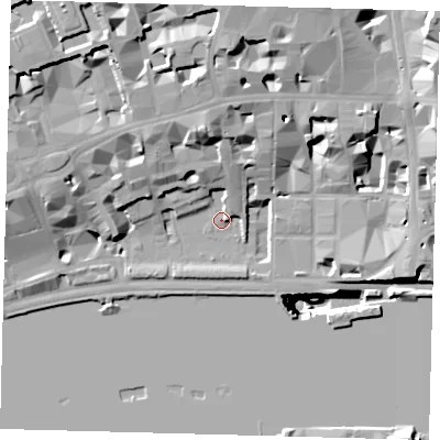 Shaded relief map of the ground around EC4Y7EX, computed from Environment Agency LiDAR. The ground here sits at about 5 m above sea level and falls 52 m across the surrounding 800 m. Surface water reaching this point runs off ground lying to the north-west, 19.4 m higher.