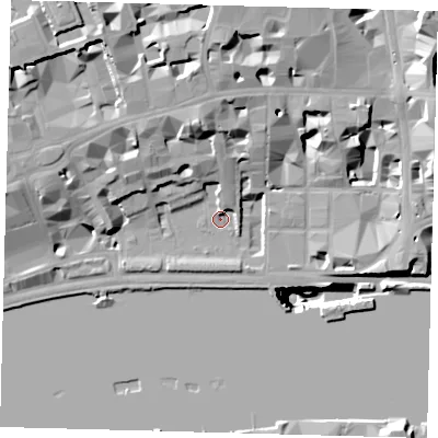 Shaded relief map of the ground around EC4Y7HB, computed from Environment Agency LiDAR. The ground here sits at about 4 m above sea level and falls 51 m across the surrounding 800 m. Surface water reaching this point runs off ground lying to the north-west, 19.8 m higher.