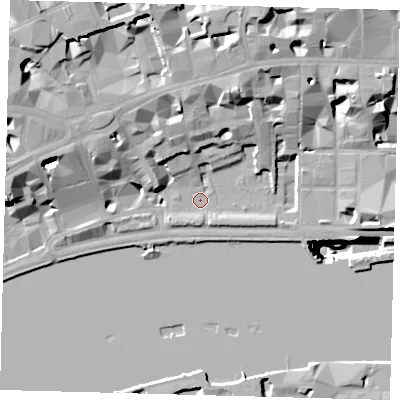 Shaded relief map of the ground around EC4Y9AU, computed from Environment Agency LiDAR. The ground here sits at about 4 m above sea level and falls 52 m across the surrounding 800 m. Surface water reaching this point runs off ground lying to the west-south-west, 4.6 m higher.
