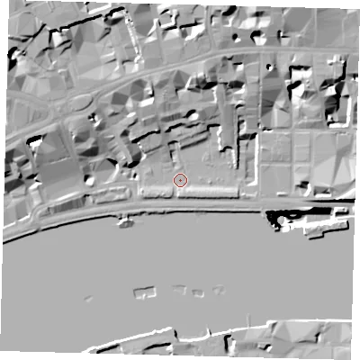 Shaded relief map of the ground around EC4Y9AY, computed from Environment Agency LiDAR. The ground here sits at about 4 m above sea level and falls 52 m across the surrounding 800 m. Surface water reaching this point runs off ground lying to the west, 3.3 m higher.