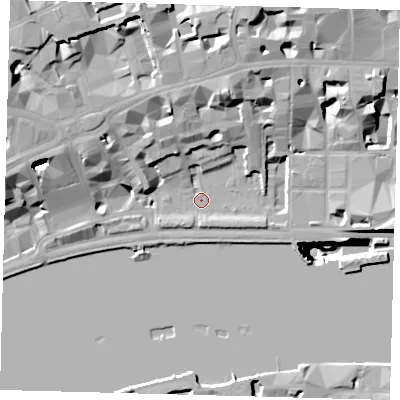Shaded relief map of the ground around EC4Y9BB, computed from Environment Agency LiDAR. The ground here sits at about 4 m above sea level and falls 52 m across the surrounding 800 m. Surface water reaching this point runs off ground lying to the west-south-west, 4.6 m higher.