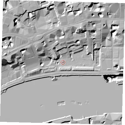 Shaded relief map of the ground around EC4Y9BS, computed from Environment Agency LiDAR. The ground here sits at about 5 m above sea level and falls 53 m across the surrounding 800 m. Surface water reaching this point runs off ground lying to the north-west, 21.1 m higher.