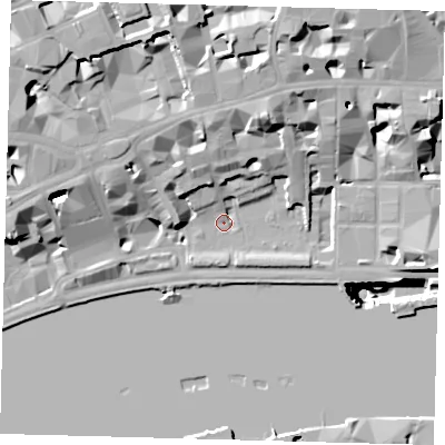 Shaded relief map of the ground around EC4Y9BT, computed from Environment Agency LiDAR. The ground here sits at about 4 m above sea level and falls 52 m across the surrounding 800 m. Surface water reaching this point runs off ground lying to the north-west, 20.5 m higher.