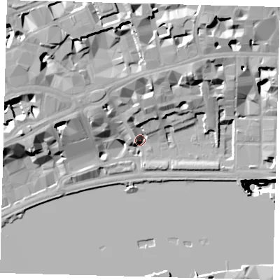 Shaded relief map of the ground around EC4Y9BW, computed from Environment Agency LiDAR. The ground here sits at about 6 m above sea level and falls 53 m across the surrounding 800 m. Surface water reaching this point runs off ground lying to the north-west, 21.1 m higher.