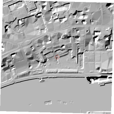 Shaded relief map of the ground around EC4Y9DA, computed from Environment Agency LiDAR. The ground here sits at about 5 m above sea level and falls 53 m across the surrounding 800 m. Surface water reaching this point runs off ground lying to the north-west, 20.5 m higher.