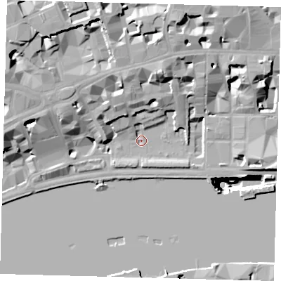 Shaded relief map of the ground around EC4Y9DB, computed from Environment Agency LiDAR. The ground here sits at about 4 m above sea level and falls 52 m across the surrounding 800 m. Surface water reaching this point runs off ground lying to the north-west, 20.5 m higher.