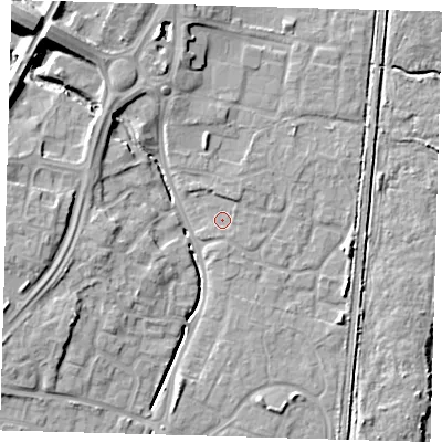 Shaded relief map of the ground around EN106AF, computed from Environment Agency LiDAR. The ground here sits at about 25 m above sea level and falls 18 m across the surrounding 800 m. Surface water reaching this point runs off ground lying to the south-south-east, 0.7 m higher.