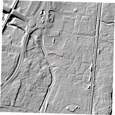 Shaded relief map of the ground around EN106AL, computed from Environment Agency LiDAR. The ground here sits at about 25 m above sea level and falls 18 m across the surrounding 800 m. Surface water reaching this point runs off ground lying to the south-south-east, 0.7 m higher.