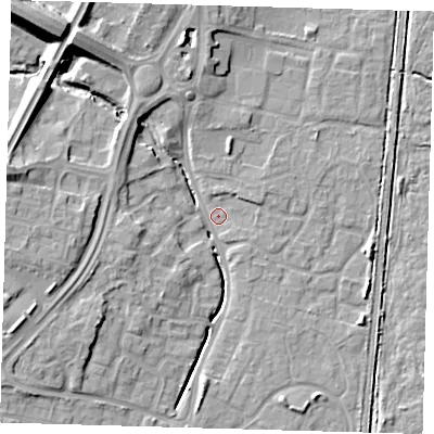 Shaded relief map of the ground around EN106AN, computed from Environment Agency LiDAR. The ground here sits at about 24 m above sea level and falls 16 m across the surrounding 800 m. Surface water reaching this point runs off ground lying to the north-west, 13.6 m higher.