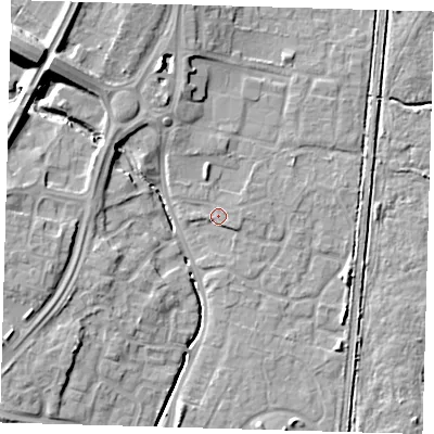 Shaded relief map of the ground around EN106AQ, computed from Environment Agency LiDAR. The ground here sits at about 26 m above sea level and falls 16 m across the surrounding 800 m. Surface water reaching this point runs off ground lying to the south-east, 0.9 m higher.