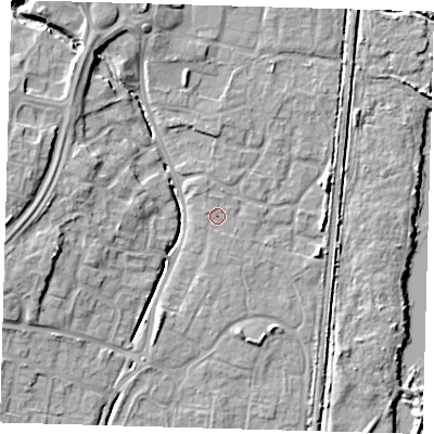 Shaded relief map of the ground around EN106AZ, computed from Environment Agency LiDAR. The ground here sits at about 25 m above sea level and falls 12 m across the surrounding 800 m. Surface water reaching this point runs off ground lying to the west-north-west, 0.6 m higher.