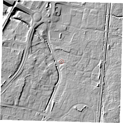 Shaded relief map of the ground around EN106BA, computed from Environment Agency LiDAR. The ground here sits at about 25 m above sea level and falls 16 m across the surrounding 800 m. Surface water reaching this point runs off ground lying to the north-west, 13.6 m higher.