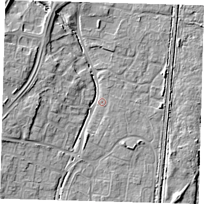 Shaded relief map of the ground around EN106BE, computed from Environment Agency LiDAR. The ground here sits at about 24 m above sea level and falls 13 m across the surrounding 800 m. Surface water reaching this point runs off ground lying to the north-west, 10.5 m higher.