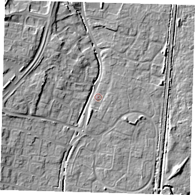 Shaded relief map of the ground around EN106BQ, computed from Environment Agency LiDAR. The ground here sits at about 24 m above sea level and falls 14 m across the surrounding 800 m. Surface water reaching this point runs off ground lying to the north-west, 12.1 m higher.