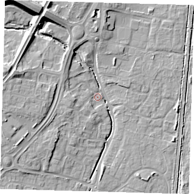 Shaded relief map of the ground around EN106BZ, computed from Environment Agency LiDAR. The ground here sits at about 25 m above sea level and falls 16 m across the surrounding 800 m. Surface water reaching this point runs off ground lying to the north-north-west, 11.1 m higher.