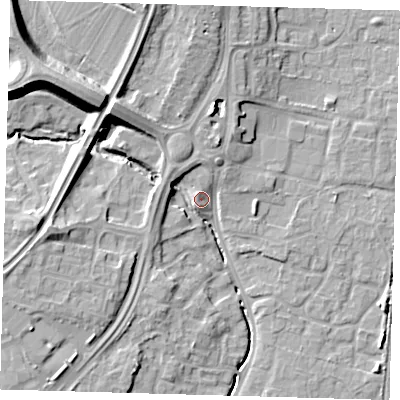 Shaded relief map of the ground around EN106GF, computed from Environment Agency LiDAR. The ground here sits at about 27 m above sea level and falls 17 m across the surrounding 800 m. Surface water reaching this point runs off ground lying to the west, 5.1 m higher.