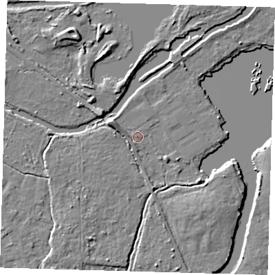 Shaded relief map of the ground around EN106GG, computed from Environment Agency LiDAR. The ground here sits at about 25 m above sea level and falls 7 m across the surrounding 800 m. Surface water reaching this point runs off ground lying to the west-north-west, 3.7 m higher.