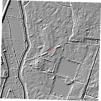 Shaded relief map of the ground around EN106GR, computed from Environment Agency LiDAR. The ground here sits at about 25 m above sea level and falls 5 m across the surrounding 800 m. Surface water reaching this point runs off ground lying to the east-north-east, 1.3 m higher.
