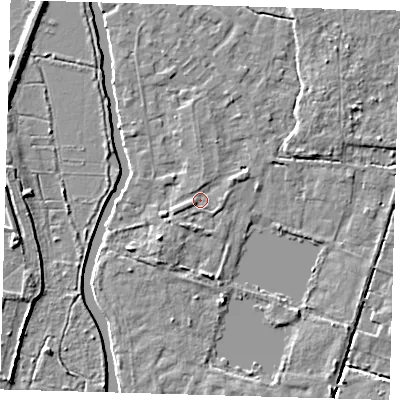 Shaded relief map of the ground around EN106GS, computed from Environment Agency LiDAR. The ground here sits at about 25 m above sea level and falls 5 m across the surrounding 800 m. Surface water reaching this point runs off ground lying to the east-north-east, 1.2 m higher.