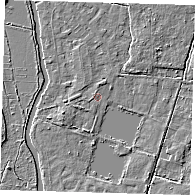 Shaded relief map of the ground around EN106GT, computed from Environment Agency LiDAR. The ground here sits at about 25 m above sea level and falls 4 m across the surrounding 800 m. Surface water reaching this point runs off ground lying to the west-south-west, 1.7 m higher.