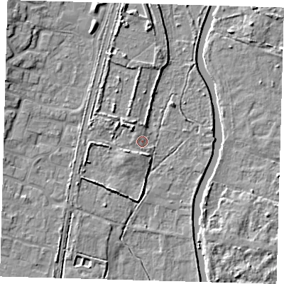 Shaded relief map of the ground around EN106HA, computed from Environment Agency LiDAR. The ground here sits at about 25 m above sea level and falls 7 m across the surrounding 800 m. Surface water reaching this point runs off ground lying to the north-west, 3.0 m higher.