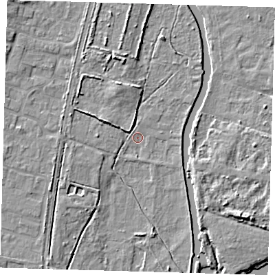 Shaded relief map of the ground around EN106HD, computed from Environment Agency LiDAR. The ground here sits at about 24 m above sea level and falls 8 m across the surrounding 800 m. Surface water reaching this point runs off ground lying to the west-north-west, 4.1 m higher.