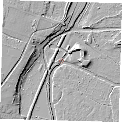 Shaded relief map of the ground around EN106LX, computed from Environment Agency LiDAR. The ground here sits at about 25 m above sea level and falls 14 m across the surrounding 800 m. Surface water reaching this point runs off ground lying to the east-north-east, 8.6 m higher.