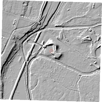 Shaded relief map of the ground around EN106QS, computed from Environment Agency LiDAR. The ground here sits at about 27 m above sea level and falls 14 m across the surrounding 800 m. Surface water reaching this point runs off ground lying to the south-east, 3.3 m higher.