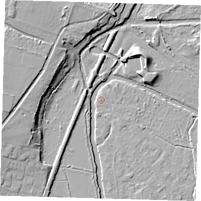 Shaded relief map of the ground around EN106QT, computed from Environment Agency LiDAR. The ground here sits at about 25 m above sea level and falls 13 m across the surrounding 800 m. Surface water reaching this point runs off ground lying to the north-west, 13.3 m higher.