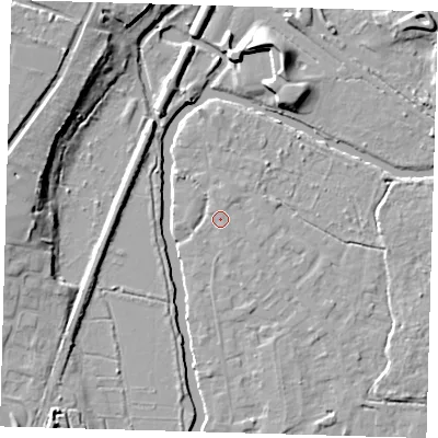 Shaded relief map of the ground around EN106QU, computed from Environment Agency LiDAR. The ground here sits at about 25 m above sea level and falls 13 m across the surrounding 800 m. Surface water reaching this point runs off ground lying to the north-north-east, 0.7 m higher.