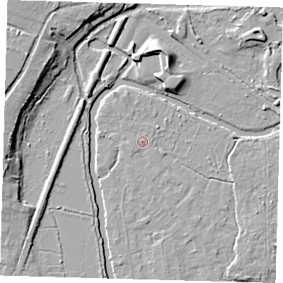 Shaded relief map of the ground around EN106QX, computed from Environment Agency LiDAR. The ground here sits at about 25 m above sea level and falls 12 m across the surrounding 800 m. Surface water reaching this point runs off ground lying to the south-west, 0.9 m higher.