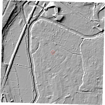 Shaded relief map of the ground around EN106QY, computed from Environment Agency LiDAR. The ground here sits at about 25 m above sea level and falls 12 m across the surrounding 800 m. Surface water reaching this point runs off ground lying to the south-east, 0.7 m higher.