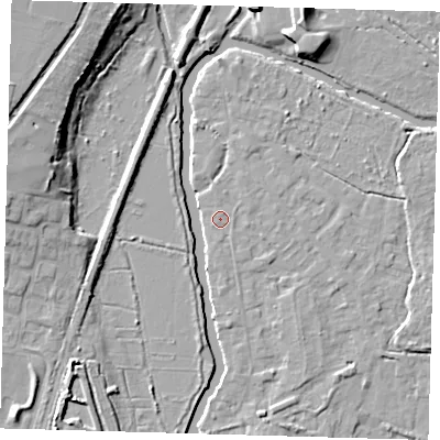 Shaded relief map of the ground around EN106QZ, computed from Environment Agency LiDAR. The ground here sits at about 25 m above sea level and falls 12 m across the surrounding 800 m. Surface water reaching this point runs off ground lying to the north-east, 0.8 m higher.