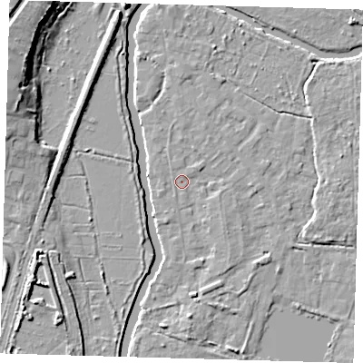 Shaded relief map of the ground around EN106RA, computed from Environment Agency LiDAR. The ground here sits at about 24 m above sea level and falls 12 m across the surrounding 800 m. Surface water reaching this point runs off ground lying to the north-east, 1.1 m higher.