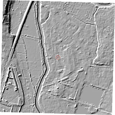 Shaded relief map of the ground around EN106RB, computed from Environment Agency LiDAR. The ground here sits at about 24 m above sea level and falls 11 m across the surrounding 800 m. Surface water reaching this point runs off ground lying to the east, 1.2 m higher.