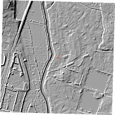 Shaded relief map of the ground around EN106RD, computed from Environment Agency LiDAR. The ground here sits at about 25 m above sea level and falls 10 m across the surrounding 800 m. Surface water reaching this point runs off ground lying to the east, 1.5 m higher.