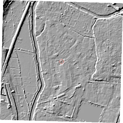 Shaded relief map of the ground around EN106RE, computed from Environment Agency LiDAR. The ground here sits at about 25 m above sea level and falls 11 m across the surrounding 800 m. Surface water reaching this point runs off ground lying to the north-north-west, 1.1 m higher.