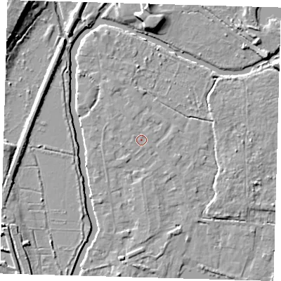 Shaded relief map of the ground around EN106RF, computed from Environment Agency LiDAR. The ground here sits at about 25 m above sea level and falls 11 m across the surrounding 800 m. Surface water reaching this point runs off ground lying to the north-west, 0.6 m higher.