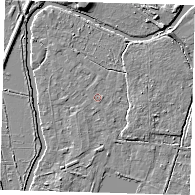 Shaded relief map of the ground around EN106RG, computed from Environment Agency LiDAR. The ground here sits at about 25 m above sea level and falls 7 m across the surrounding 800 m. Surface water reaching this point runs off ground lying to the east-south-east, 0.6 m higher.