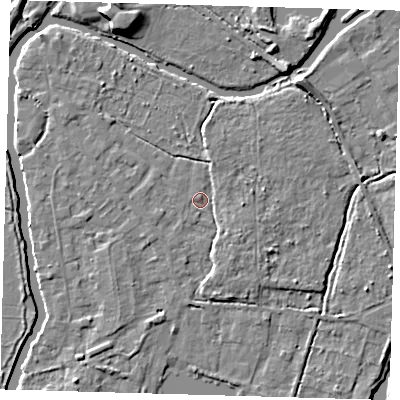 Shaded relief map of the ground around EN106RH, computed from Environment Agency LiDAR. The ground here sits at about 25 m above sea level and falls 8 m across the surrounding 800 m. Surface water reaching this point runs off ground lying to the east, 2.6 m higher.