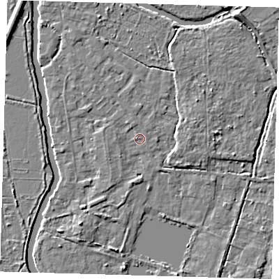 Shaded relief map of the ground around EN106RJ, computed from Environment Agency LiDAR. The ground here sits at about 25 m above sea level and falls 6 m across the surrounding 800 m. Surface water reaching this point runs off ground lying to the south, 2.0 m higher.