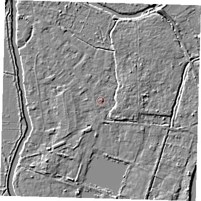 Shaded relief map of the ground around EN106RL, computed from Environment Agency LiDAR. The ground here sits at about 25 m above sea level and falls 6 m across the surrounding 800 m. Surface water reaching this point runs off ground lying to the east-south-east, 1.1 m higher.