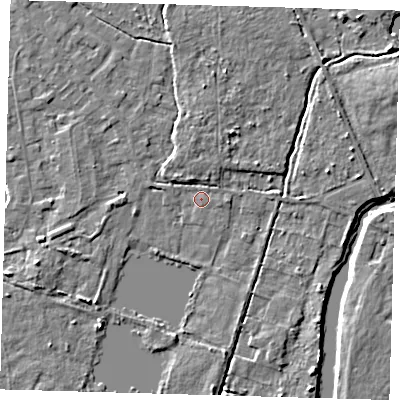 Shaded relief map of the ground around EN106RN, computed from Environment Agency LiDAR. The ground here sits at about 25 m above sea level and falls 4 m across the surrounding 800 m. Surface water reaching this point runs off ground lying to the north, 2.8 m higher.