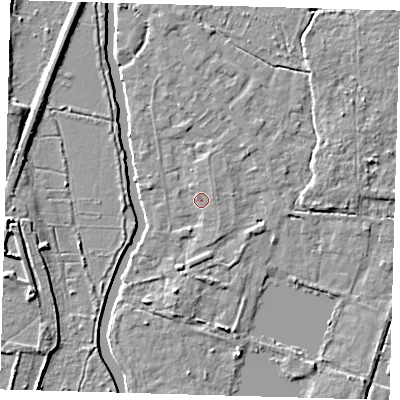 Shaded relief map of the ground around EN106RP, computed from Environment Agency LiDAR. The ground here sits at about 25 m above sea level and falls 6 m across the surrounding 800 m. Surface water reaching this point runs off ground lying to the north-east, 1.2 m higher.