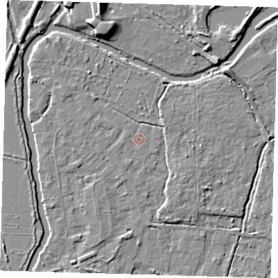 Shaded relief map of the ground around EN106RQ, computed from Environment Agency LiDAR. The ground here sits at about 25 m above sea level and falls 9 m across the surrounding 800 m. Surface water reaching this point runs off ground lying to the north-east, 2.5 m higher.