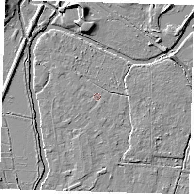 Shaded relief map of the ground around EN106RR, computed from Environment Agency LiDAR. The ground here sits at about 25 m above sea level and falls 10 m across the surrounding 800 m. Surface water reaching this point runs off ground lying to the west-south-west, 0.7 m higher.