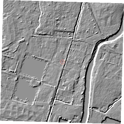 Shaded relief map of the ground around EN106RS, computed from Environment Agency LiDAR. The ground here sits at about 24 m above sea level and falls 5 m across the surrounding 800 m. Surface water reaching this point runs off ground lying to the south-south-east, 3.4 m higher.