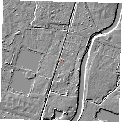 Shaded relief map of the ground around EN106RT, computed from Environment Agency LiDAR. The ground here sits at about 24 m above sea level and falls 5 m across the surrounding 800 m. Surface water reaching this point runs off ground lying to the south-south-east, 3.4 m higher.