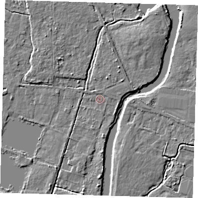 Shaded relief map of the ground around EN106RU, computed from Environment Agency LiDAR. The ground here sits at about 25 m above sea level and falls 5 m across the surrounding 800 m. Surface water reaching this point runs off ground lying to the east, 0.8 m higher.